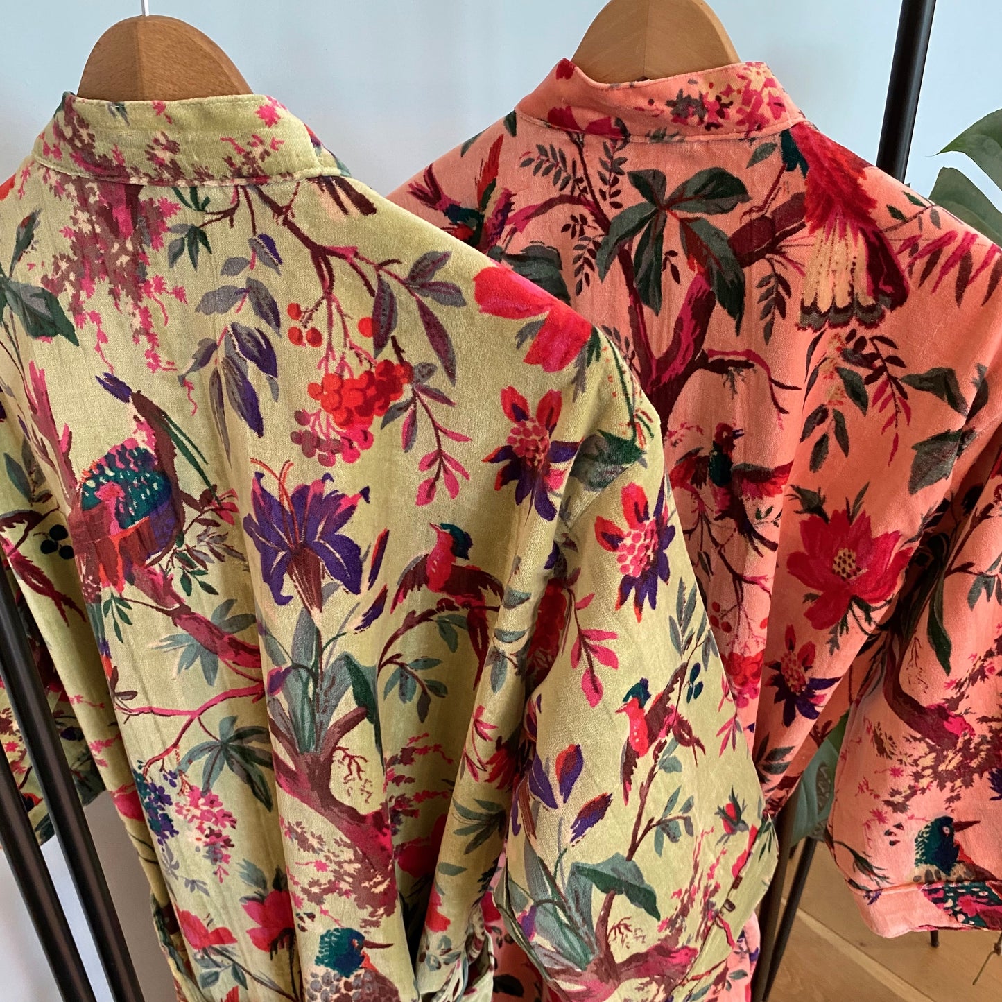 Tropical Bird Velvet Kimono Robe in Pink