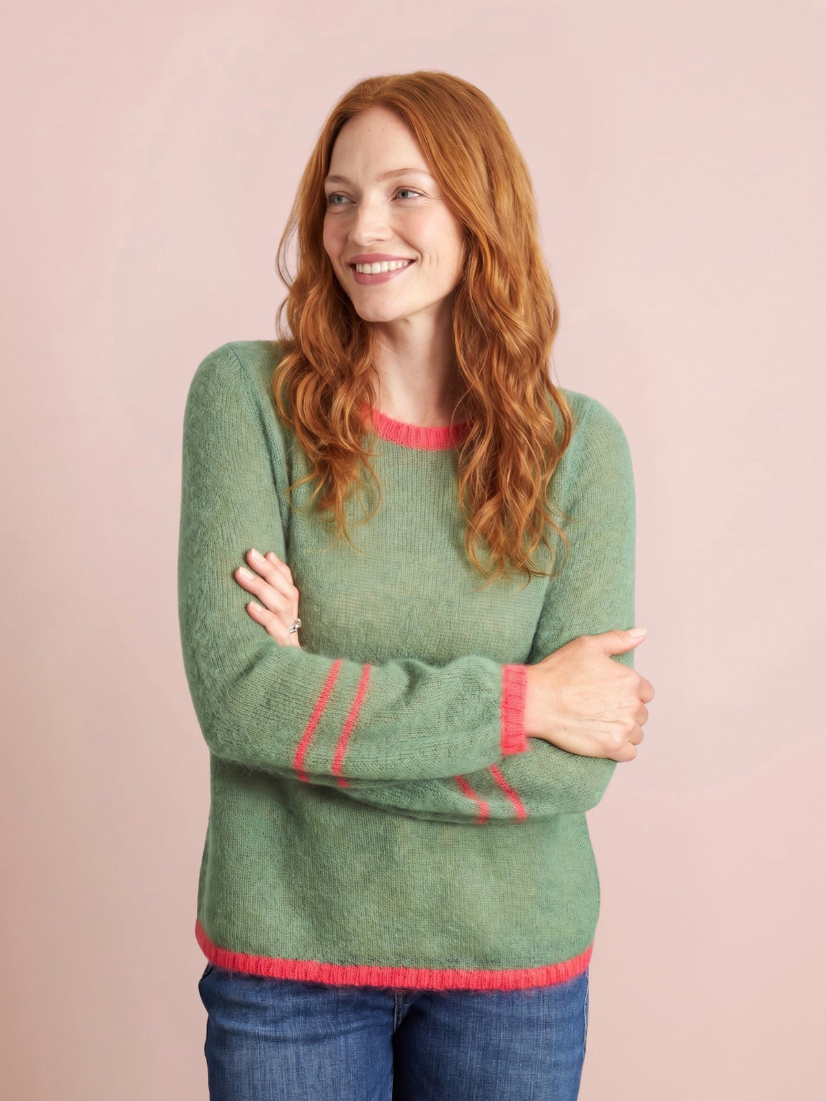 Lottie mohair and merino jumper in olive green with contrast cerise pink trim by cosy em
