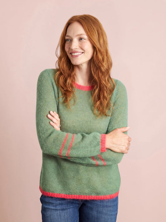 Lottie mohair and merino jumper in olive green with contrast cerise pink trim by cosy em