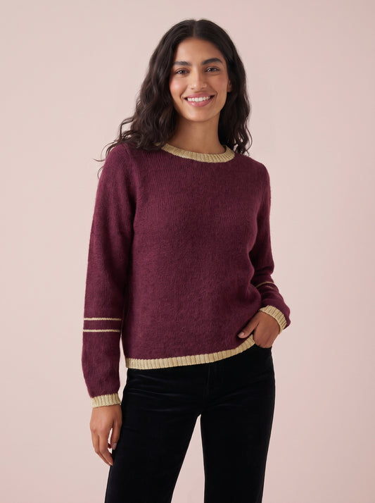 Lottie mohair and merino jumper in deep wine red with gold lurex trim by cosy em