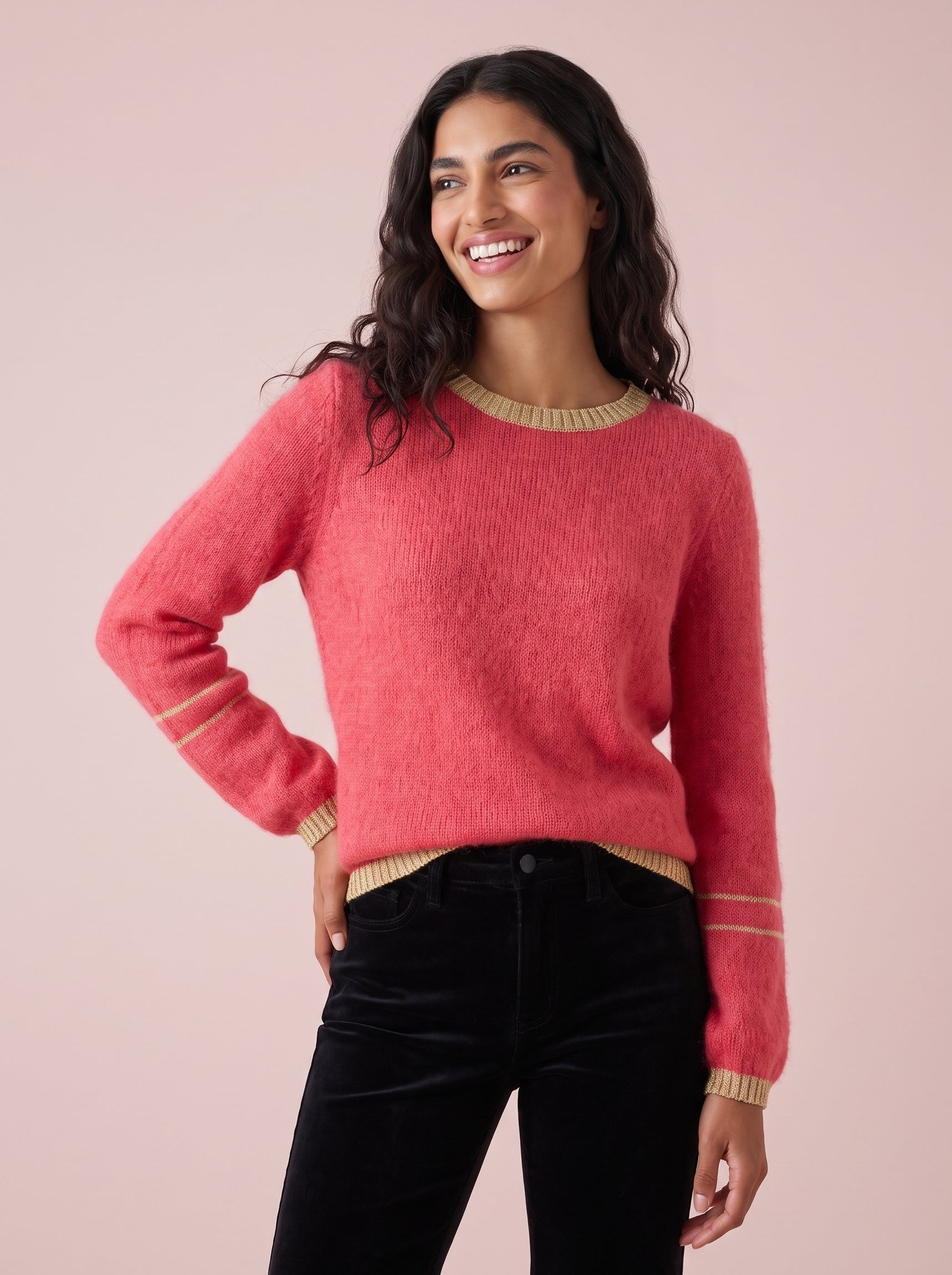 Lottie mohair and merino jumper in cerise pink with gold lurex trim by cosy em