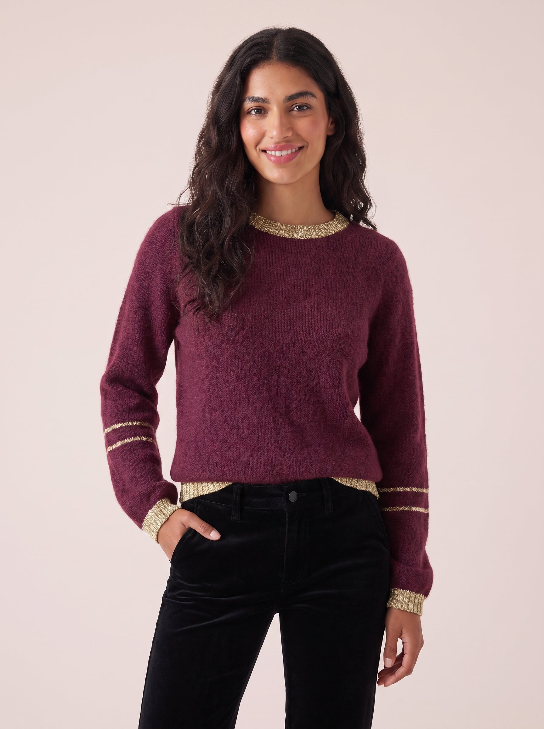 Lottie mohair and merino jumper in wine red burgundy with gold lurex trim by cosy em
