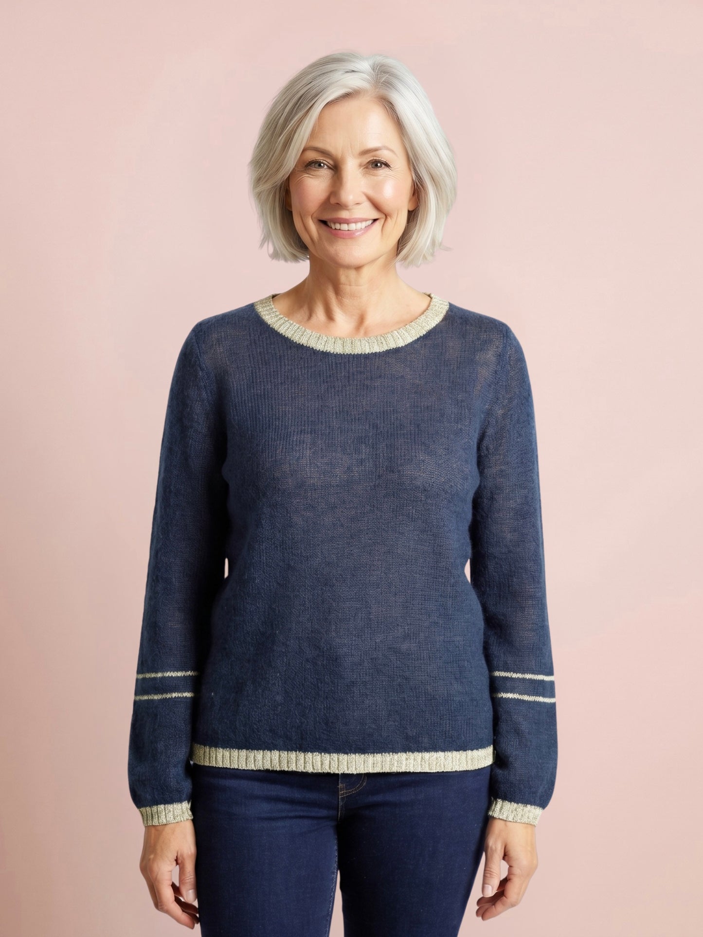 Lottie mohair and merino jumper in navy blue with lurex trim 