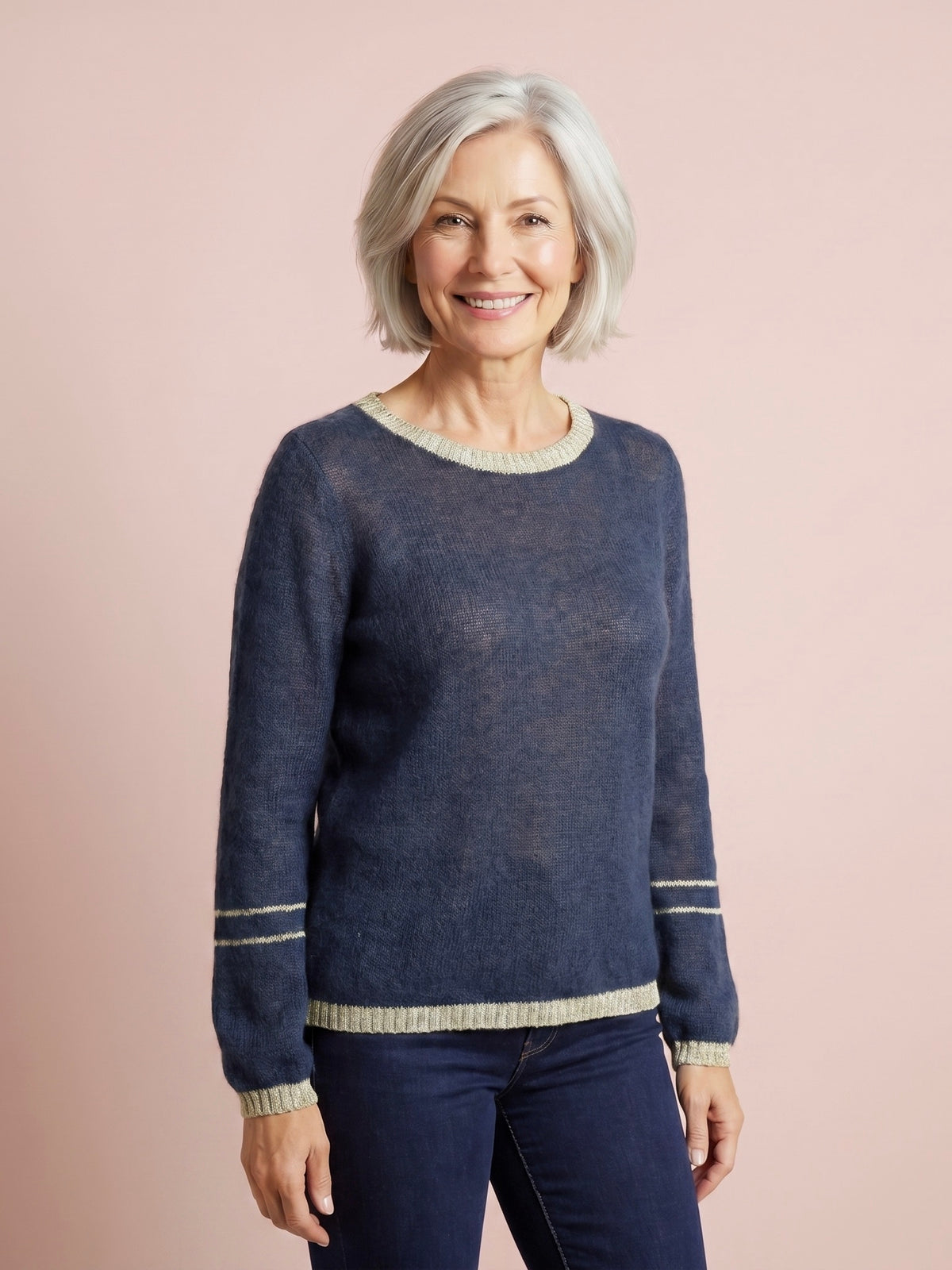 Lottie mohair and merino jumper in navy blue with lurex trim by cosy em