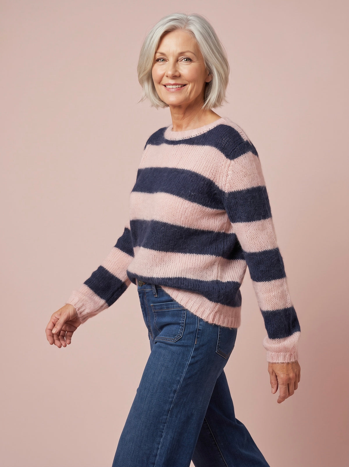 Sasha chunky striped mohair and merino jumper in blush pink and navy blue by cosy em