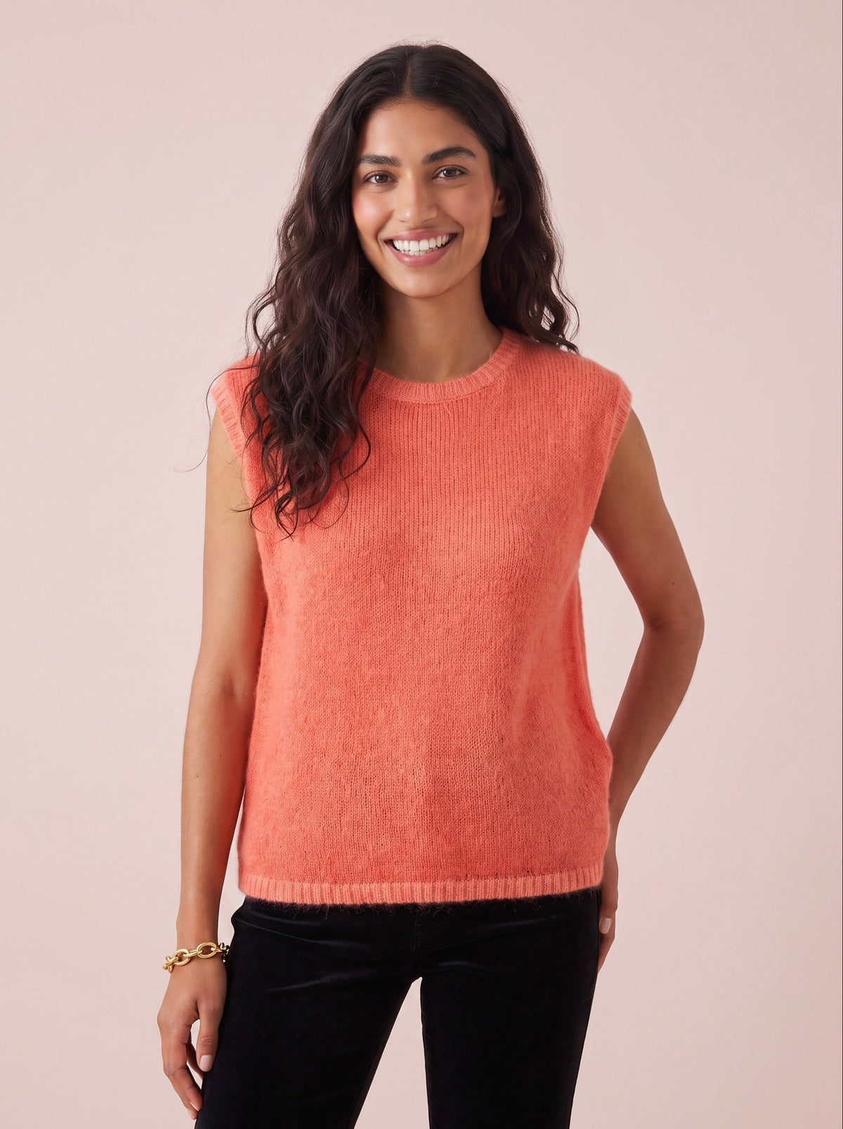 Molly Knitted Tank Top with Tonal Trim in Tomato Red and orange with a crew neck sleeveless design and relaxed fit for effortless layering